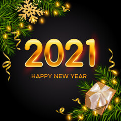 New Years and Christmas background with golden numbers 2021, realistic pine branches, gifts box, glitter gold snowflakes and tinsel. New Years and Christmas poster, greeting card, banner