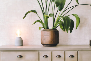 Stylish and modern interior with cupboard and green houseplant in brown vase, retro light and modern wallpaper background