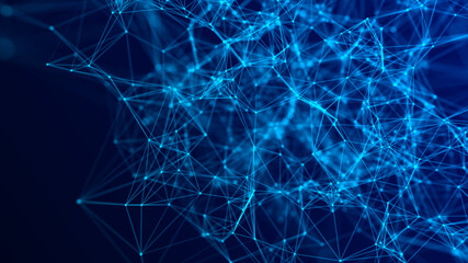 Abstract background with moving dots and lines. Network connection structure. Futuristic illustration. Digital technology design. 3d rendering.