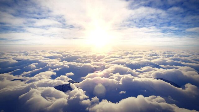 3D animation: Traveling forward/dolly push flying toward blue sky and bright cloudy sunset above a sea of clouds/afterlife journey to paradise