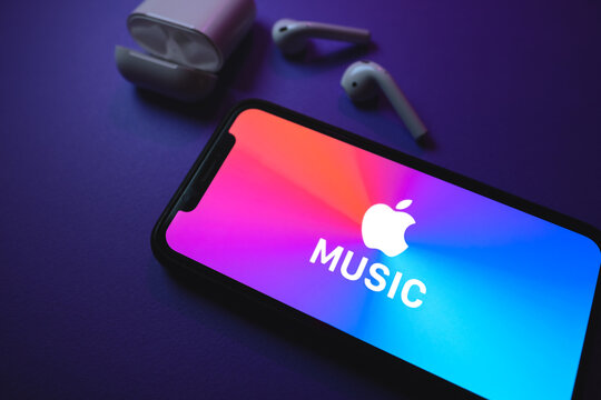 Apple Music Logo On The IPhone Screen, With AirPods. Rostov-on-Don, Russia. 28 March 2020