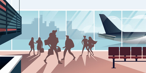 Air passengers rush to their flight in the departure hall. Scenes from the life of an airport. Flat design vector illustration.