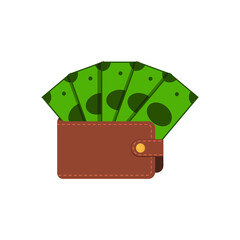 Fan-shaped banknotes lie inside the wallet. Vector illustration, flat cartoon design, isolated on white background, eps 10.