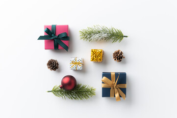 Top view decoration of christmas mockup arranging in minimal style. Merry christmas and Happy new year festival background concept.