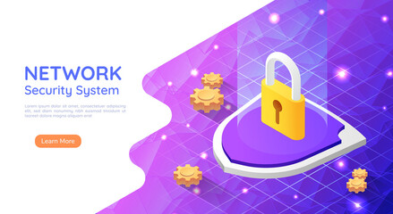 Isometric Web Banner Padlock with Keyhole Icon on Abstract Network Background