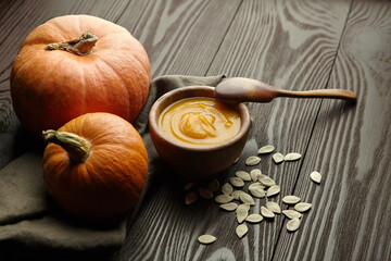 Autumn thanksgiving day food. Vegan pumpkin soup.