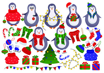 
Vector winter new year, Christmas set in flat style with penguins and Christmas decor isolated on white background. Christmas tree, knitted sweaters, hats, ice skates, socks, Christmas lights
