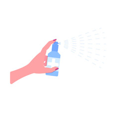 A hand holds a spray with antiseptic and sprays it. Vector illustration, flat cartoon color minimal design isolated on white background, eps 10.