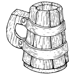 Wooden beer mug. Old beer mug. Vector illustration of a wooden mug of beer.