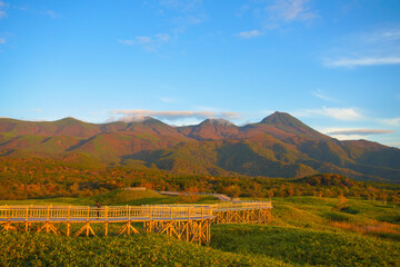 北海道「知床国立公園」の知床五湖、高架木道から、夕日に染まる景色