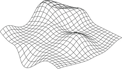 Distorted grid pattern. Technology, science, game background. Black and white. Monochrome. Banner, wallpaper, print. Bent grid in perspective. mesh with convex distortion. curved mesh elements. spatia