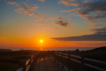 北海道「知床国立公園」の知床五湖、高架木道から、夕日に染まる景色