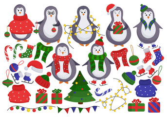 
 winter new year, Christmas set in flat style with penguins and Christmas decor isolated on white background. Christmas tree, knitted sweaters, hats, ice skates, socks, Christmas lights
