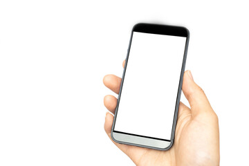 Right hand of women holding white screen smart phone on white background