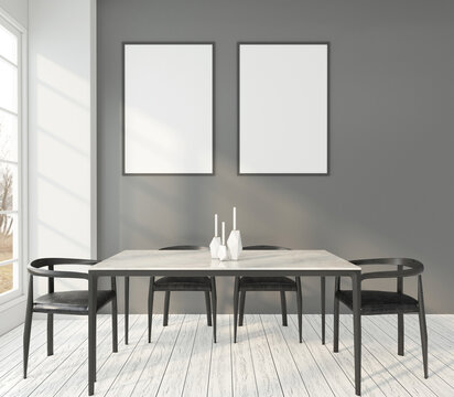 Minimalist dining room with picture frame. 3d rendering