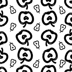 Black textured outline of apples and smaller pears seamless pattern.