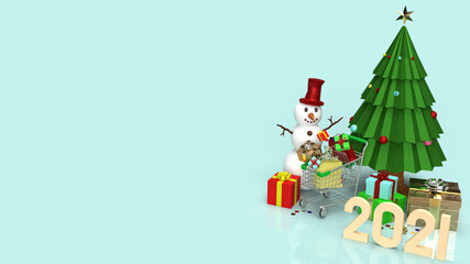 The snowman and shopping cart for Christmas and new year  holiday content 3d rendering