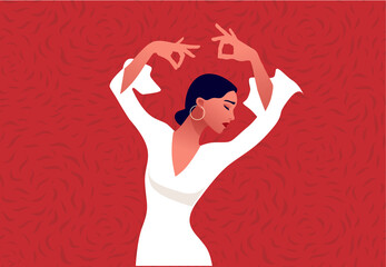 Flamenco dancer. Beautiful graceful woman dancing. Spanish culture. Flamenco festival vector template. Logo for dance studio. - obrazy, fototapety, plakaty