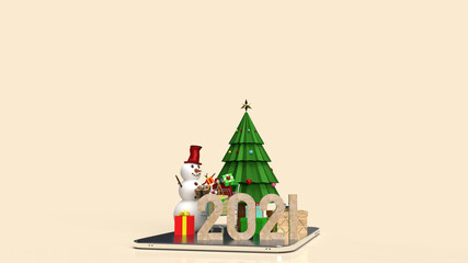 Fototapeta premium The snowman and shopping cart on tablet for marketing online in Christmas and new year holiday content 3d rendering
