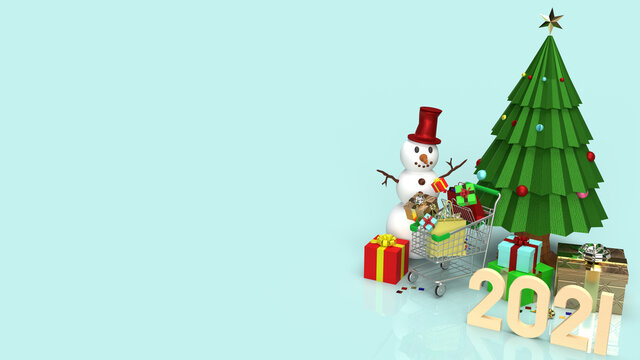 The snowman and shopping cart for Christmas and new year  holiday content 3d rendering