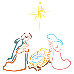 Mary and Joseph kneel next to the manger in which the infant Christ lies, and the star above them - obrazy, fototapety, plakaty