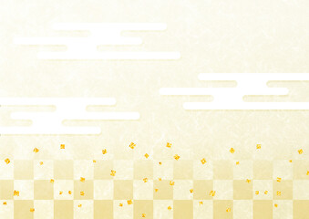 雲竜和紙風背景素材　金箔と市松模様と霞　金色のグラデーション背景　横型