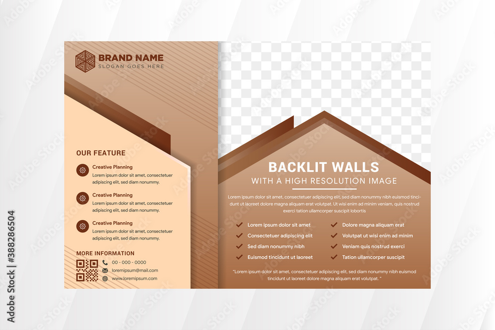 Poster Backlit walls flyer design template with abstract geometric background use brown gradient. transparency line pattern. horizontal layout. rectangle shape for photo space.