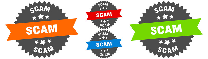 scam sign. round ribbon label set. Seal