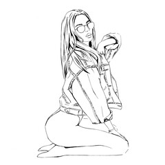 Sketch of a girl in a denim jacket. Fashion illustration. Style