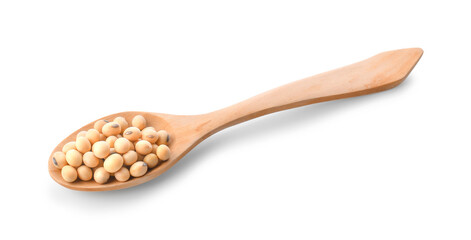 soybeans in wooden spoon isolated on white background