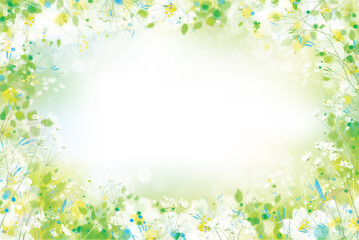 Fototapeta na wymiar Vector green, spring background. Floral border on bokeh background.