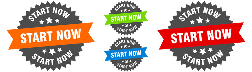 start now sign. round ribbon label set. Seal