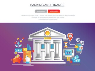 Banking and finance. Banner or template for the site. Modern flat design. Stub for landing page. Vector illustration for the site. Concept. Financial investments. Bank.
