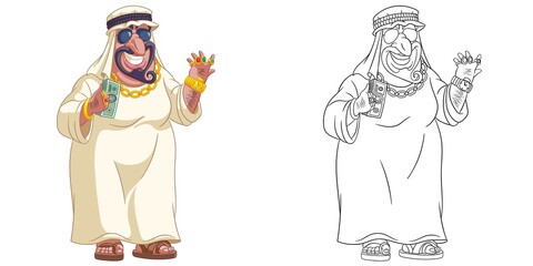 Coloring page with arabian rich man. Line art drawing for kids activity coloring book. Colorful clip art. Vector illustration.