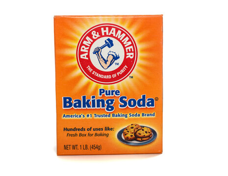 Millburn, New Jersey, USA - October 13, 2020: A box of Arm & Hammer Pure Baking Soda isolated on a white background.