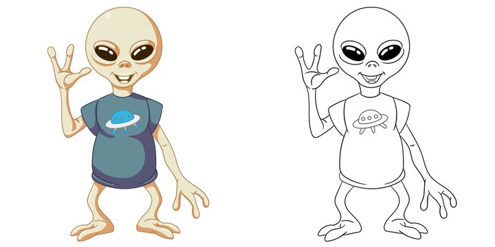 Coloring page with alien. Line art drawing for kids activity coloring book. Colorful clip art. Vector illustration.