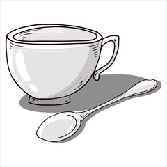 Cup with spoon icon. Vector illustration of a coffee cup with a small coffee spoon. Hand drawn cup, mug of tea with a spoon.