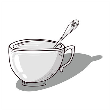 Cup with spoon icon. Vector illustration of a coffee cup with a small coffee spoon. Hand drawn cup, mug of tea with a spoon.