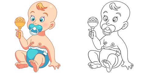 Coloring page with baby toddler. Line art drawing for kids activity coloring book. Colorful clip art. Vector illustration.