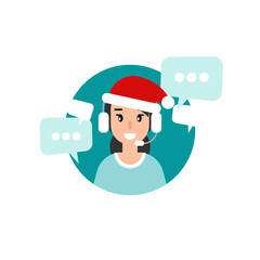 Operator with headphones, microphone, santa hat and speech bubbles.