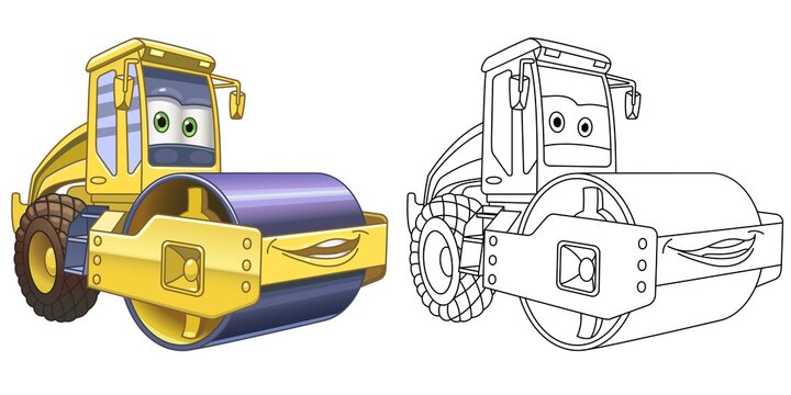 Coloring page with asphalt paver machine. Line art drawing for kids activity coloring book. Colorful clip art. Vector illustration.
