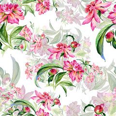 Seamless pattern delicate bouquet of peonies with buds