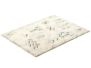 Scandinavian rectangular light beige fluffy carpet with a colorful nordic pattern. 3d render
