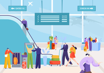 Airport departure travel, man woman at terminal vector illustration. Business airplane flight with luggage, vacation at transport concept. Airline transportation design, people passenger tourism.