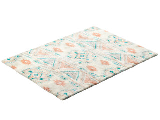 Light beige fluffy rectangular carpet with a scandinavian colorful geometric pattern. 3d render