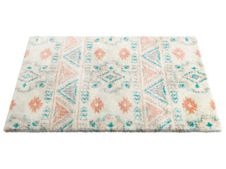 Light beige fluffy rectangular carpet with a scandinavian colorful geometric pattern. 3d render