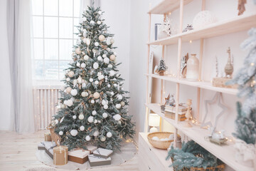 Christmas background. Christmas tree indoors. Holiday decor