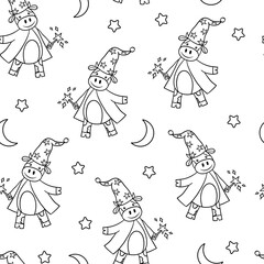Seamless pattern with goby wizard, coloring page