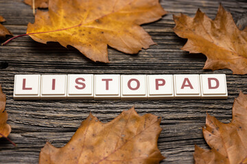 Listopad - słowo napisane małymi kwadratowymi literami na drewnianym tle, z jesiennymi liśćmi © andsko