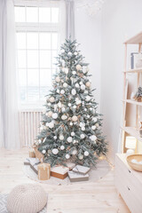 Christmas background. Christmas tree indoors. Holiday decor